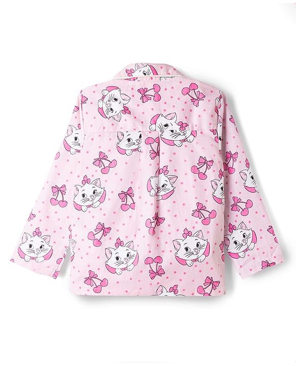 Babyhug Disney Poplin Woven Full Sleeves Shirt & Pyjama Co-ords Night Suit With Marie Graphic - Pink