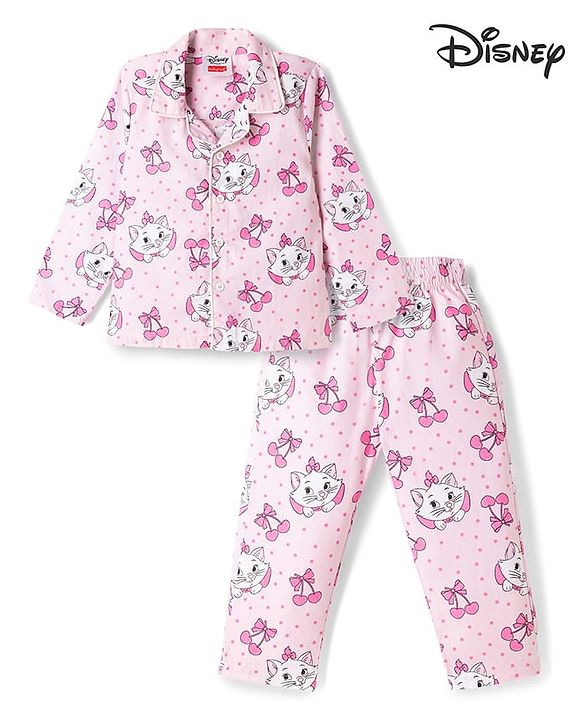 Babyhug Disney Poplin Woven Full Sleeves Shirt & Pyjama Co-ords Night Suit With Marie Graphic - Pink
