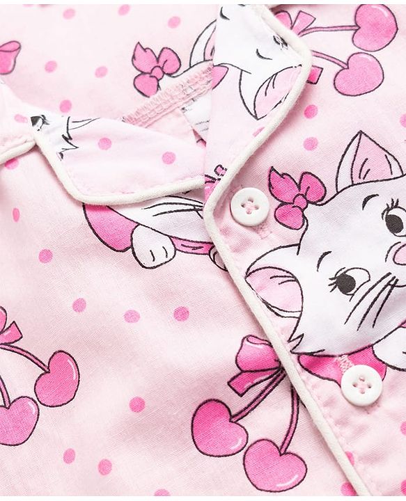 Babyhug Disney Poplin Woven Full Sleeves Shirt & Pyjama Co-ords Night Suit With Marie Graphic - Pink