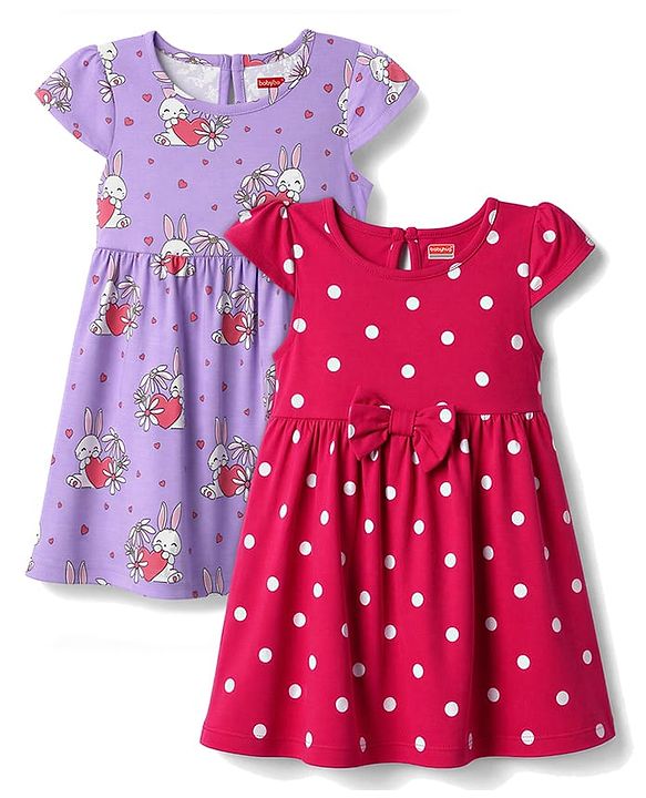 Babyhug Cotton Knit Half Sleeves Frocks with Bunny & Polka Dots Print Pack of 2 - Red & Lilac