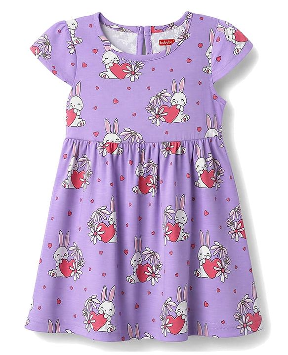 Babyhug Cotton Knit Half Sleeves Frocks with Bunny & Polka Dots Print Pack of 2 - Red & Lilac