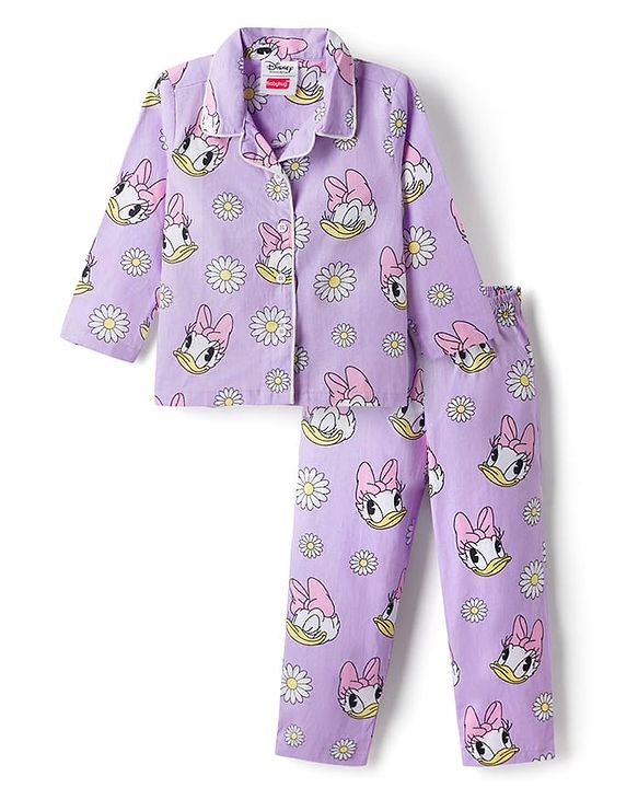 Babyhug Disney Poplin Woven Full Sleeves Front Open Shirt & Pyjama Night Suit with Daisy Duck Print - Lilac