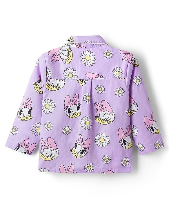 Babyhug Disney Poplin Woven Full Sleeves Front Open Shirt & Pyjama Night Suit with Daisy Duck Print - Lilac