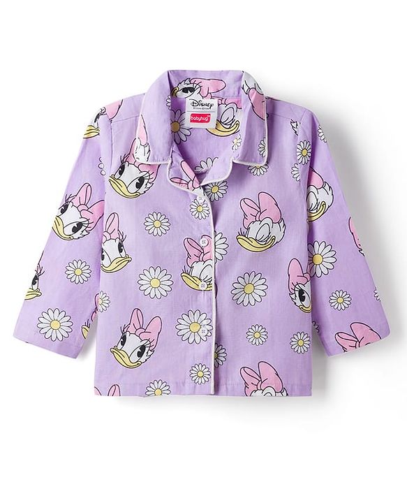 Babyhug Disney Poplin Woven Full Sleeves Front Open Shirt & Pyjama Night Suit with Daisy Duck Print - Lilac