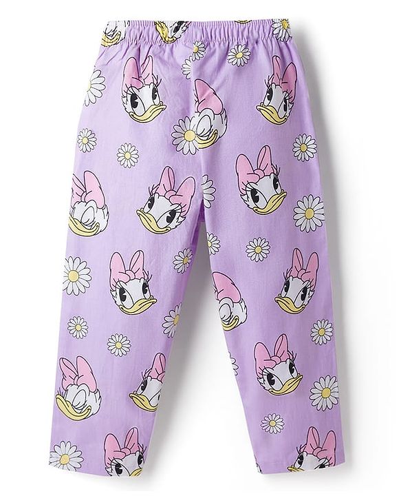 Babyhug Disney Poplin Woven Full Sleeves Front Open Shirt & Pyjama Night Suit with Daisy Duck Print - Lilac