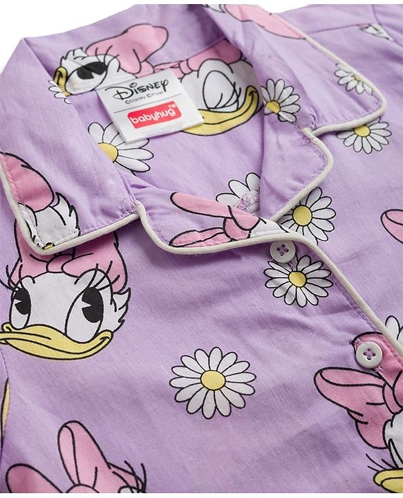 Babyhug Disney Poplin Woven Full Sleeves Front Open Shirt & Pyjama Night Suit with Daisy Duck Print - Lilac