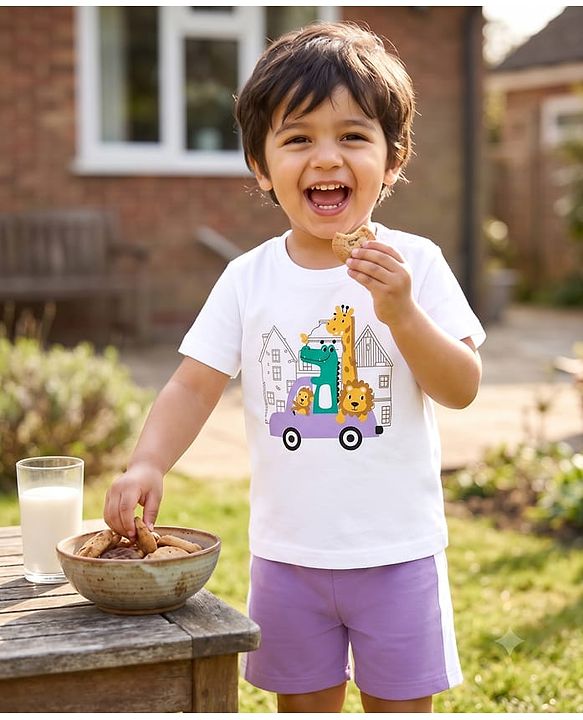 Babyhug 100% Cotton Knit Half Sleeves Dino & Car Printed T-Shirt & Shorts Night Suit - White