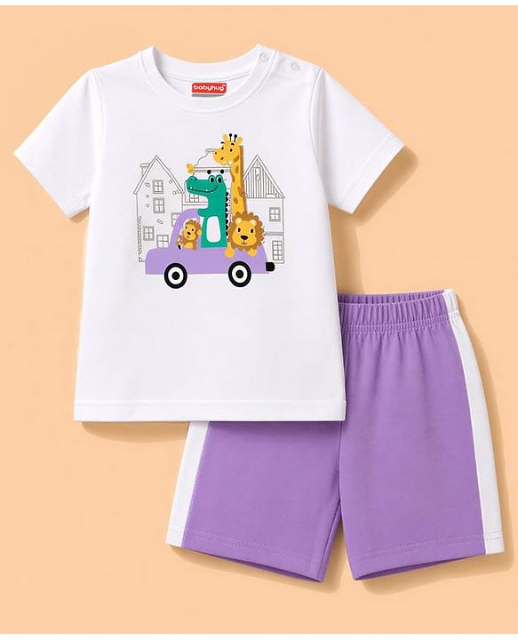 Babyhug 100% Cotton Knit Half Sleeves Dino & Car Printed T-Shirt & Shorts Night Suit - White