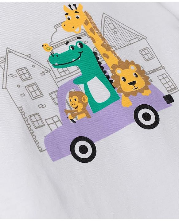 Babyhug 100% Cotton Knit Half Sleeves Dino & Car Printed T-Shirt & Shorts Night Suit - White