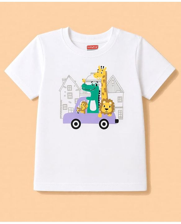Babyhug 100% Cotton Knit Half Sleeves Dino & Car Printed T-Shirt & Shorts Night Suit - White