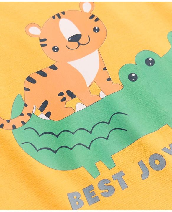 Babyhug 100% Cotton Knit Half Sleeves T-Shirt & Striped Shorts Night Suit with Crocodile & Cub Print - Yellow