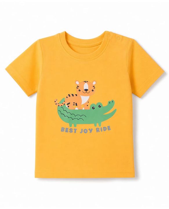 Babyhug 100% Cotton Knit Half Sleeves T-Shirt & Striped Shorts Night Suit with Crocodile & Cub Print - Yellow