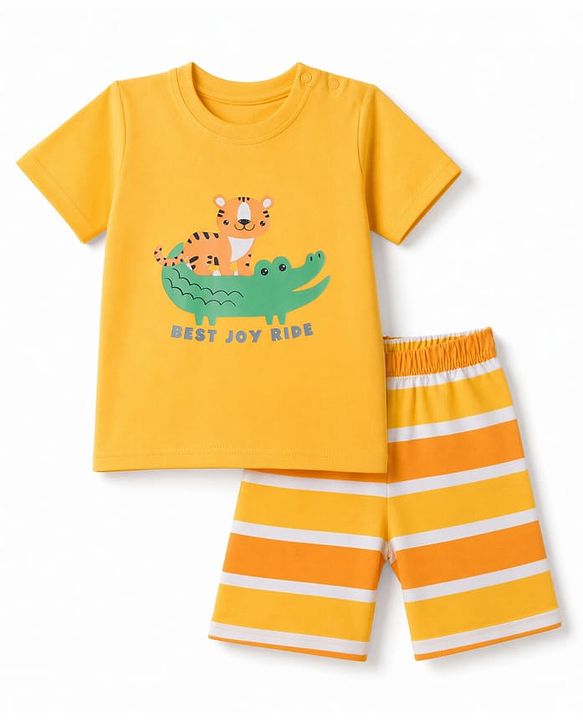 Babyhug 100% Cotton Knit Half Sleeves T-Shirt & Striped Shorts Night Suit with Crocodile & Cub Print - Yellow