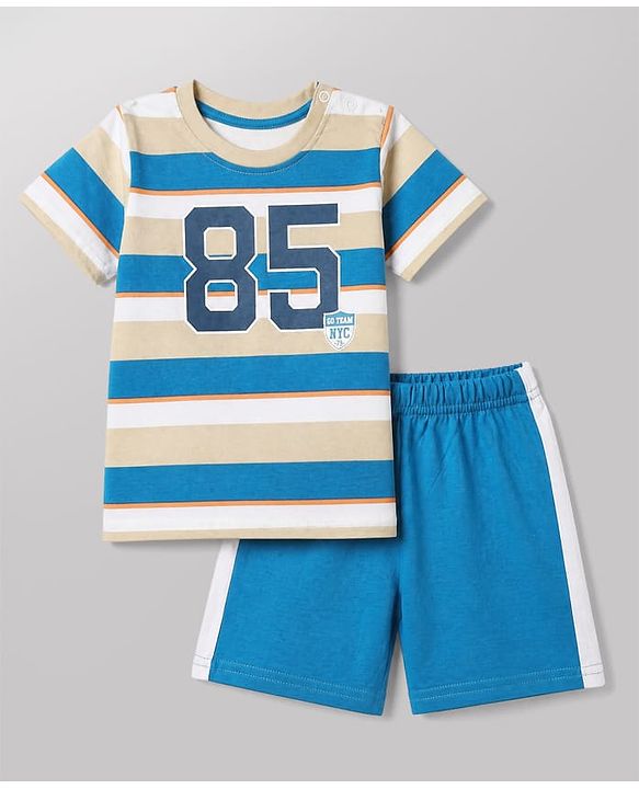 Babyhug Cotton Knit Half Sleeves Short Set With Varsity Print - Blue