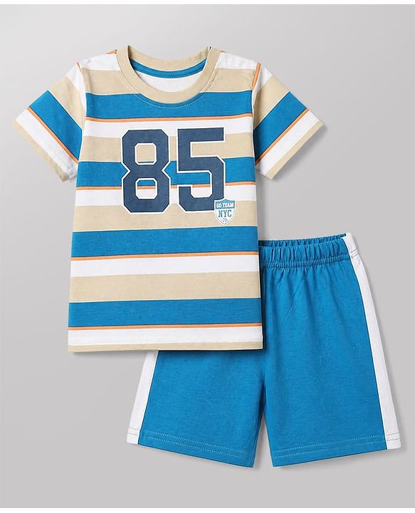 Babyhug Cotton Knit Half Sleeves Short Set With Varsity Print - Blue