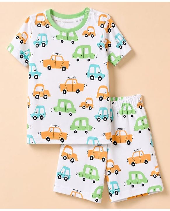 Babyhug 100% Cotton Knit Half Sleeves Co-Ords T-Shirt & Short Night Suit with Vehicle Print - White