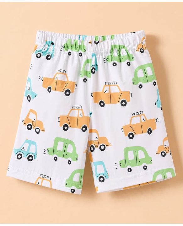 Babyhug 100% Cotton Knit Half Sleeves Co-Ords T-Shirt & Short Night Suit with Vehicle Print - White