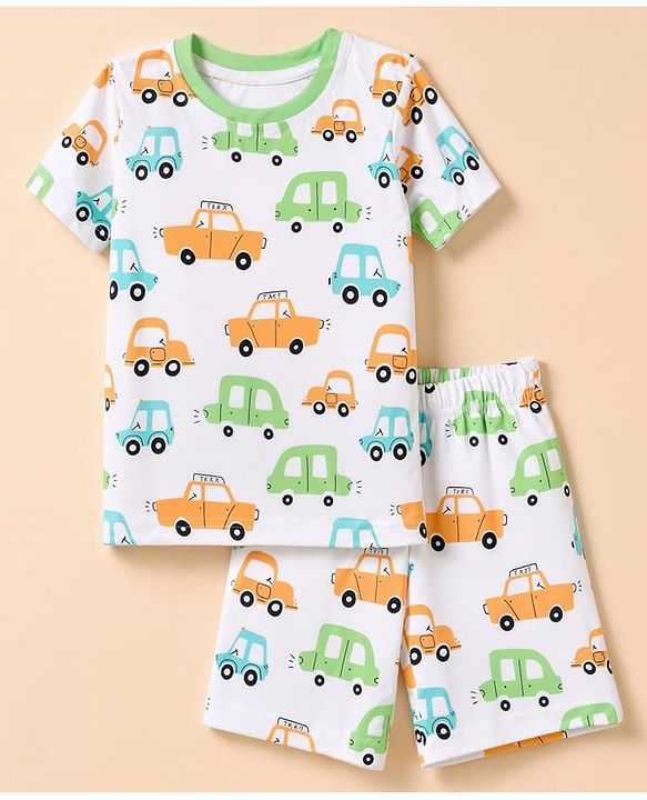 Babyhug 100% Cotton Knit Half Sleeves Co-Ords T-Shirt & Short Night Suit with Vehicle Print - White