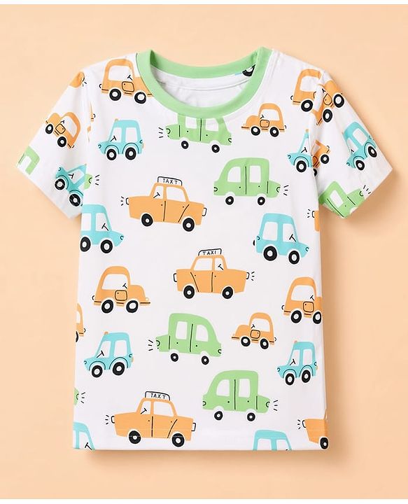 Babyhug 100% Cotton Knit Half Sleeves Co-Ords T-Shirt & Short Night Suit with Vehicle Print - White