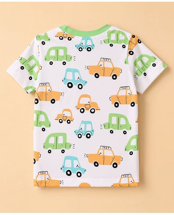 Babyhug 100% Cotton Knit Half Sleeves Co-Ords T-Shirt & Short Night Suit with Vehicle Print - White