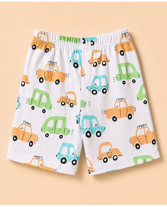 Babyhug 100% Cotton Knit Half Sleeves Co-Ords T-Shirt & Short Night Suit with Vehicle Print - White