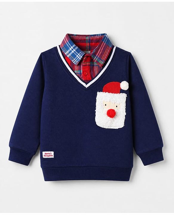 Babyhug 100% Cotton Terry Knit Full Sleeves Heavy Gauge Sweatshirt With Santa Claus Applique - Blue