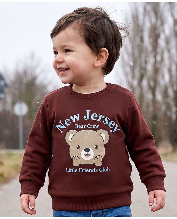 Babyhug Heavy Gauge 100% Cotton Terry Knit Full Sleeves Sweatshirt With Text & Bear Print - Dark Brown