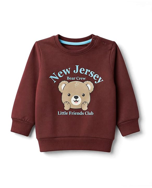 Babyhug Heavy Gauge 100% Cotton Terry Knit Full Sleeves Sweatshirt With Text & Bear Print - Dark Brown
