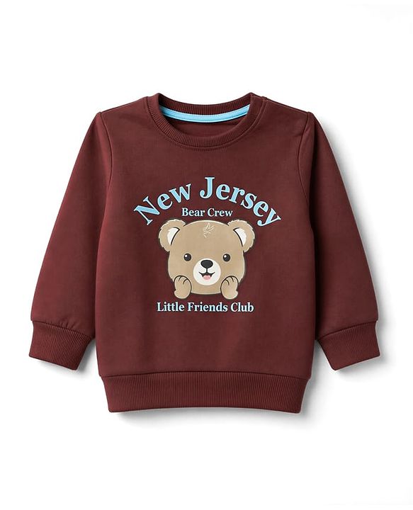 Babyhug Heavy Gauge 100% Cotton Terry Knit Full Sleeves Sweatshirt With Text & Bear Print - Dark Brown