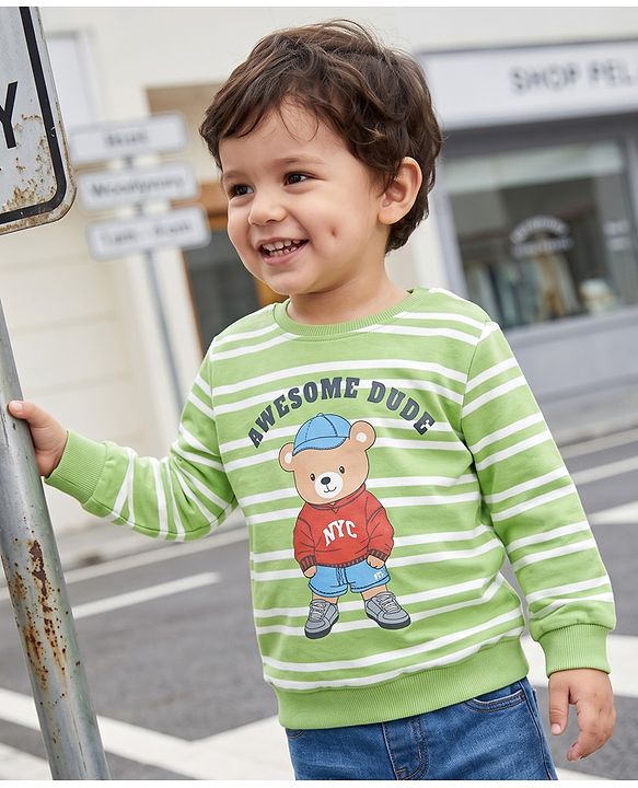 Babyhug 100% Cotton Terry Knit Striped Sweatshirt with Full Sleeves & Bear Print - Green
