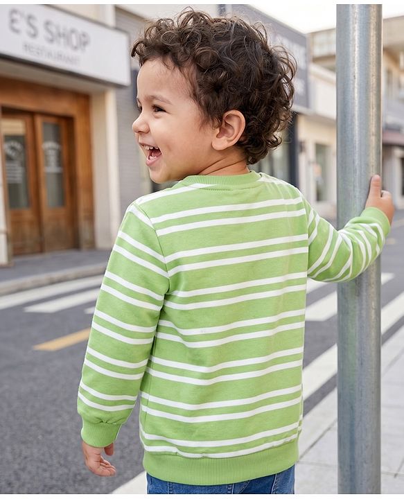 Babyhug 100% Cotton Terry Knit Striped Sweatshirt with Full Sleeves & Bear Print - Green