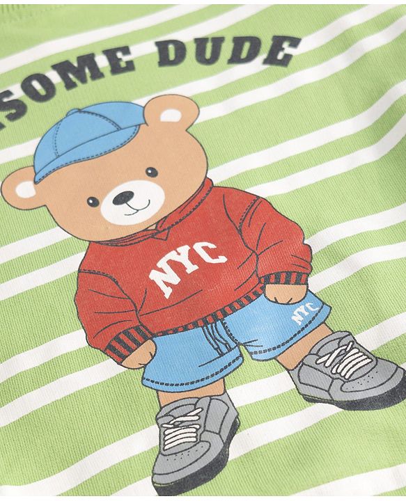 Babyhug 100% Cotton Terry Knit Striped Sweatshirt with Full Sleeves & Bear Print - Green