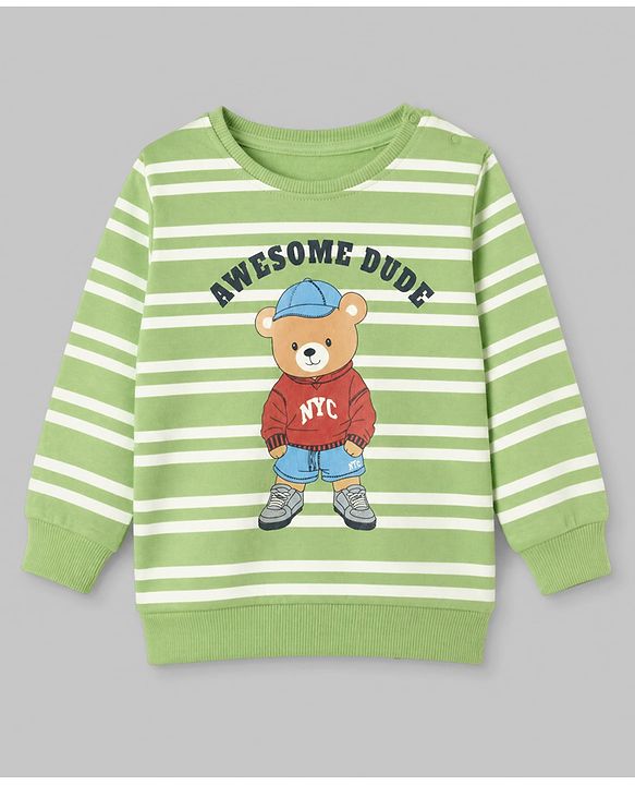 Babyhug 100% Cotton Terry Knit Striped Sweatshirt with Full Sleeves & Bear Print - Green