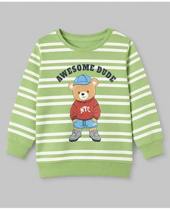 Babyhug 100% Cotton Terry Knit Striped Sweatshirt with Full Sleeves & Bear Print - Green