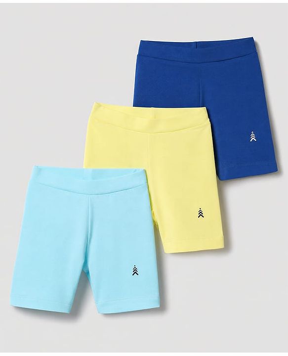 Pine Kids Cotton Lycra Knit Above Knee Length Cycling Shorts Pack of 3 - Blue, Light Blue & Yellow
