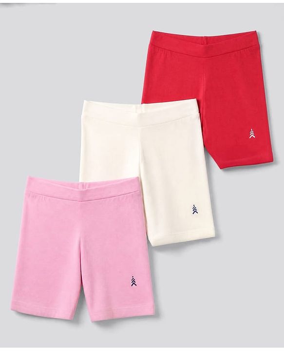 Pine Kids Cotton Blend Knit Solid Cycling Shorts with Chevron Embroidery Pack of 3 - Red White & Pink