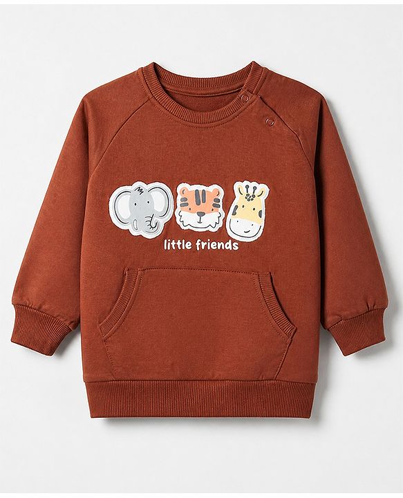Babyhug 100% Cotton Heavy Gauge Terry Knit Sweatshirt with Full Raglan Sleeves and Animal Patch in Dark Brown