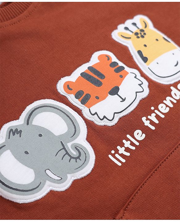 Babyhug 100% Cotton Heavy Gauge Terry Knit Sweatshirt with Full Raglan Sleeves and Animal Patch in Dark Brown
