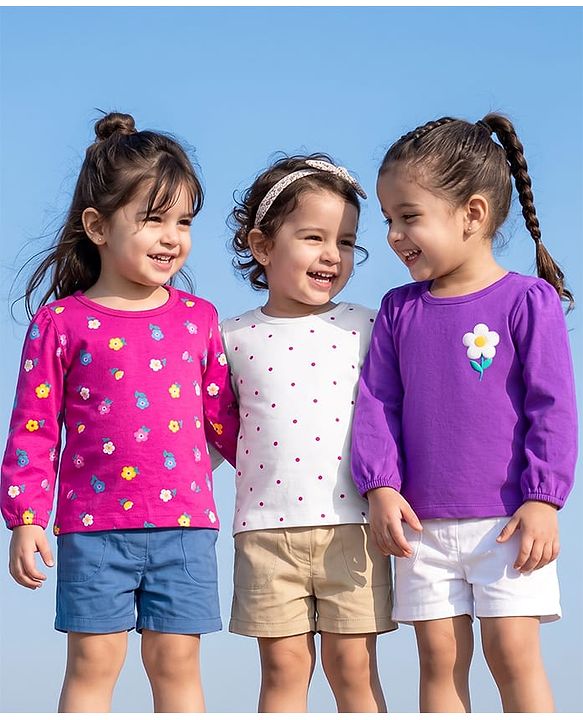 Babyhug 100% Cotton Knit Full Sleeves T-Shirts with Floral & Polka Dots Print Pack of 3 - White Pink & Purple
