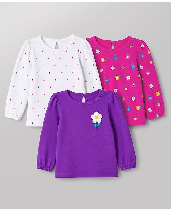 Babyhug 100% Cotton Knit Full Sleeves T-Shirts with Floral & Polka Dots Print Pack of 3 - White Pink & Purple