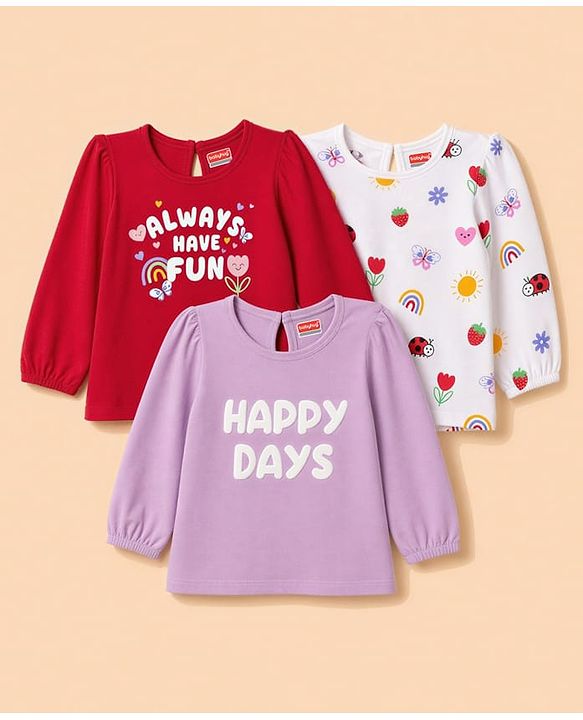 Babyhug Cotton Knit Full Sleeves Puffed T-Shirts With Rainbow & Text Print Pack Of 3 - Red & Lavender