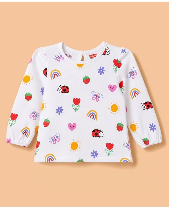 Babyhug Cotton Knit Full Sleeves Puffed T-Shirts With Rainbow & Text Print Pack Of 3 - Red & Lavender
