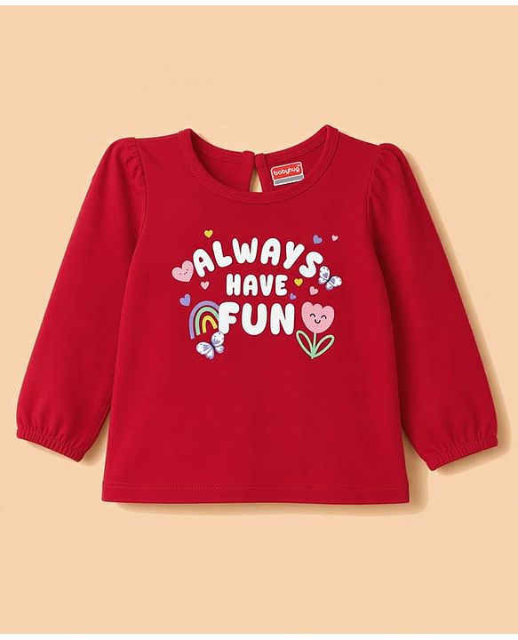 Babyhug Cotton Knit Full Sleeves Puffed T-Shirts With Rainbow & Text Print Pack Of 3 - Red & Lavender