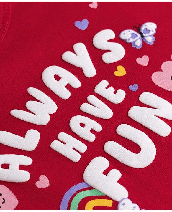 Babyhug Cotton Knit Full Sleeves Puffed T-Shirts With Rainbow & Text Print Pack Of 3 - Red & Lavender