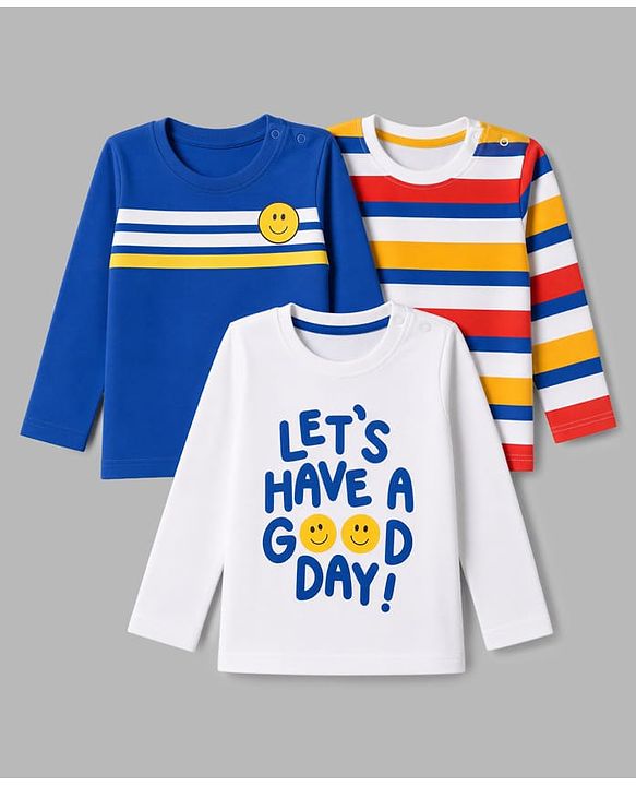 Babyhug 100% Cotton Knit Full Sleeves T-Shirts with Striped & Text Print Pack of 3 - White Blue & Red