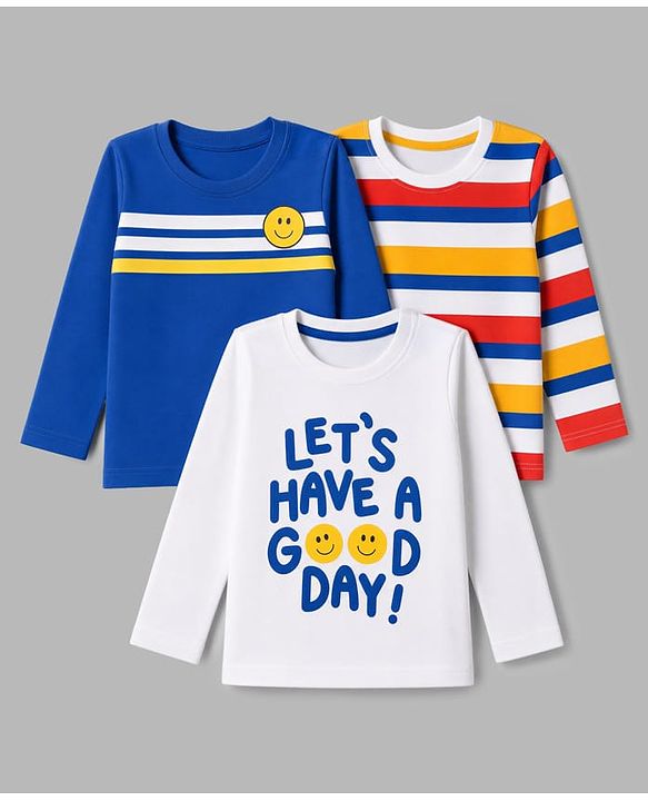 Babyhug 100% Cotton Knit Full Sleeves T-Shirts with Striped & Text Print Pack of 3 - White Blue & Red