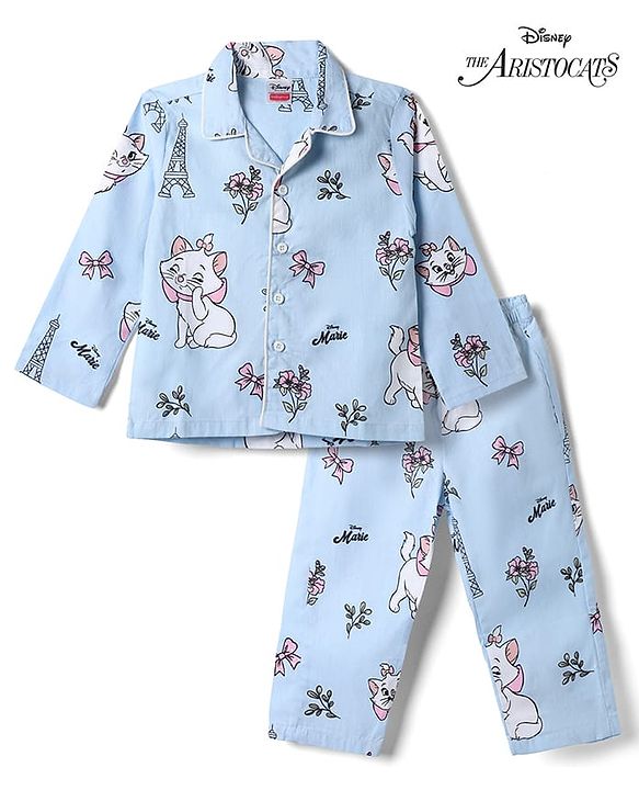 Babyhug Disney 100% Cotton Poplin Woven Full Sleeves Co-ord Shirt & Pajama Night Suit with Marie Graphic Print - Blue