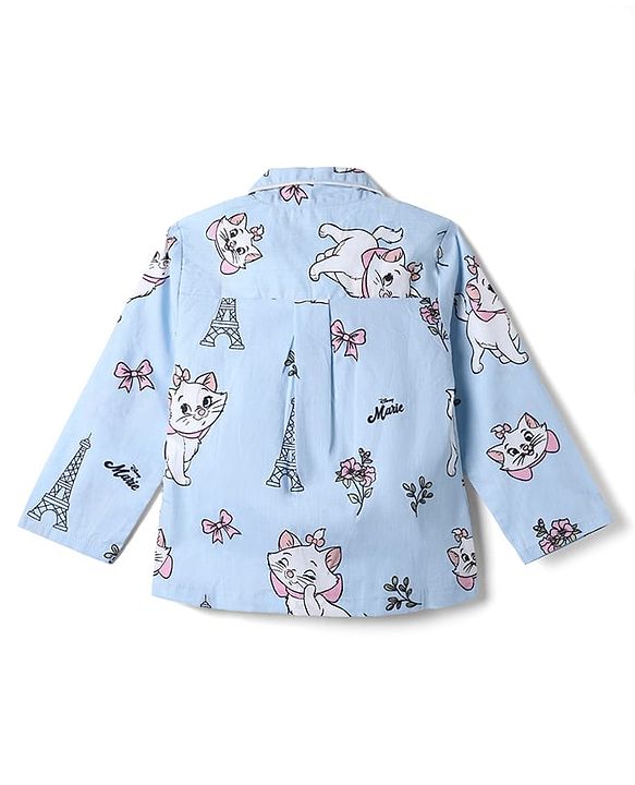 Babyhug Disney 100% Cotton Poplin Woven Full Sleeves Co-ord Shirt & Pajama Night Suit with Marie Graphic Print - Blue