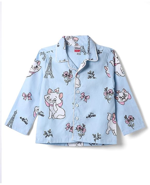 Babyhug Disney 100% Cotton Poplin Woven Full Sleeves Co-ord Shirt & Pajama Night Suit with Marie Graphic Print - Blue