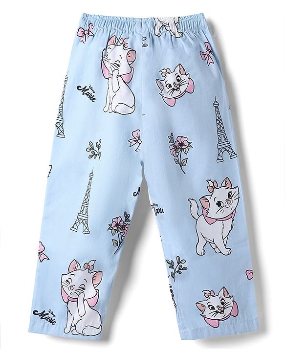 Babyhug Disney 100% Cotton Poplin Woven Full Sleeves Co-ord Shirt & Pajama Night Suit with Marie Graphic Print - Blue